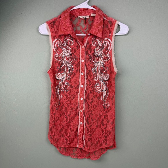 Miss Me Tops - Miss Me Womens XS Coral‎ Pink Lace Rhinestone Embellished Sleeveless Top MDT330